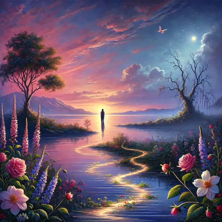 A serene scene illustrating the themes of love and loss, with a figure by a tranquil river at sunset, surrounded by vibrant flowers and trees, and a bird flying under the night sky.