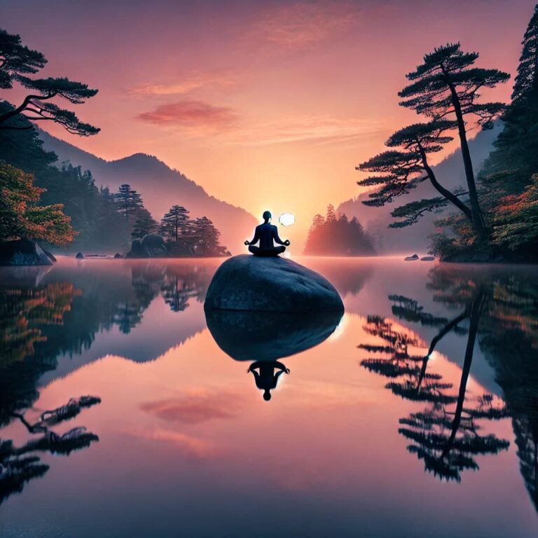 A tranquil scene with a person meditating on a large rock in the middle of a calm lake at sunrise, symbolizing peace and serenity