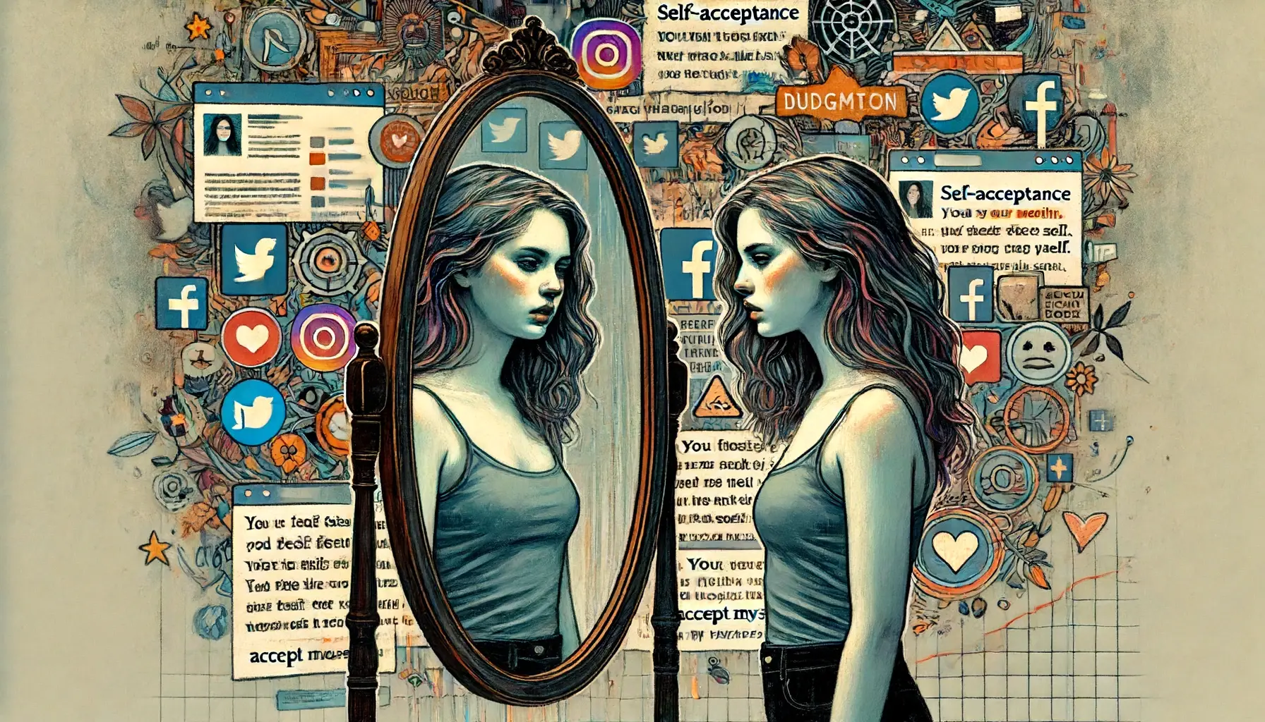 An artistic illustration of a young woman looking into a mirror, with social media icons and messages in the background, symbolizing the theme of self-acceptance in the digital age