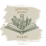 Healing Heart Words logo featuring an open book with blooming flowers.