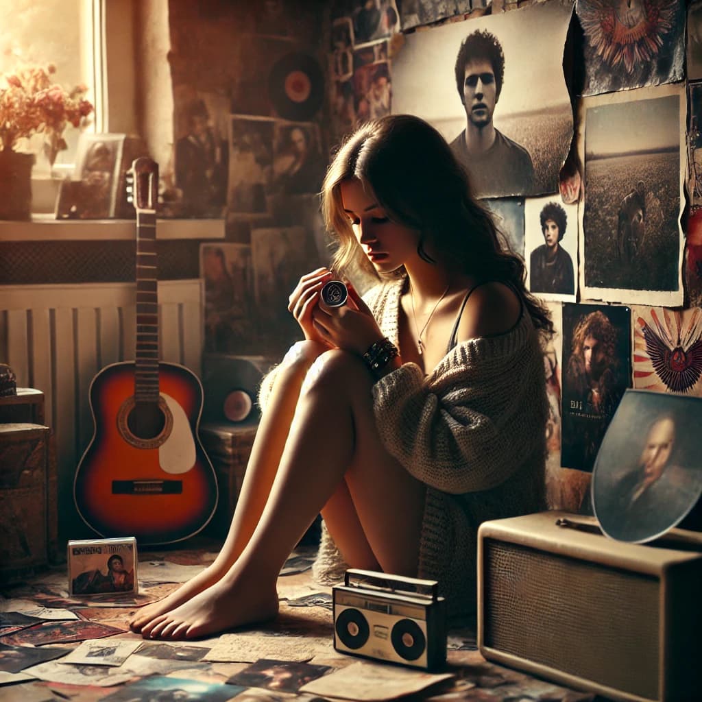 A young woman sitting alone in a softly lit room, surrounded by nostalgic music memorabilia, including guitars, posters, fan letters, and keepsakes.