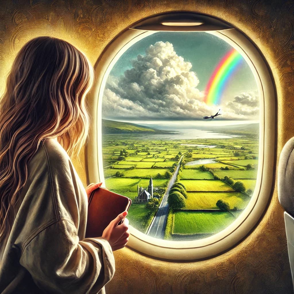 A young woman looking out from an airplane window at a lush Irish landscape, with green fields, a rainbow, and an airplane in the distance.